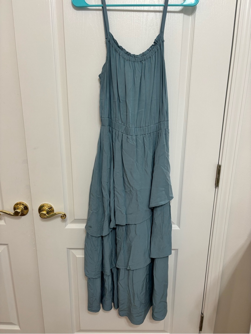 Evereve Dusty Blue Tiered Maxi Dress with Spaghetti Straps